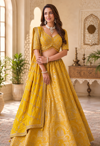 yellow color Zari Work Figure pattern weaving silk blend Lehenga Choli set