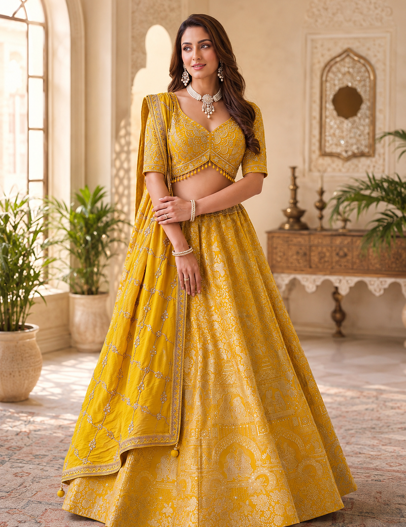 yellow color Zari Work Figure pattern weaving silk blend Lehenga Choli set