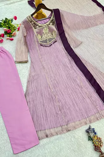 pink color embroidery and thread work with hand stitched beads and latkan work silk blend kurti set
