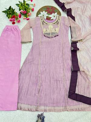 pink color embroidery and thread work with hand stitched beads and latkan work silk blend kurti set 5