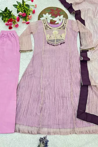 pink color embroidery and thread work with hand stitched beads and latkan work silk blend kurti set