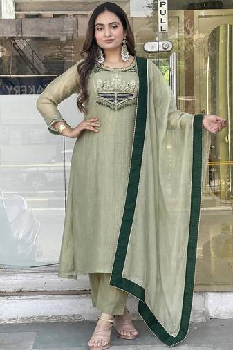 sea green color embroidery and thread work with hand stitched beads and latkan work silk blend kurti set