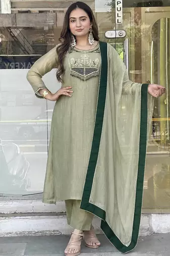 sea green color embroidery and thread work with hand stitched beads and latkan work silk blend kurti set
