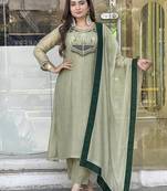 sea green color embroidery and thread work with hand stitched beads and latkan work silk blend kurti set