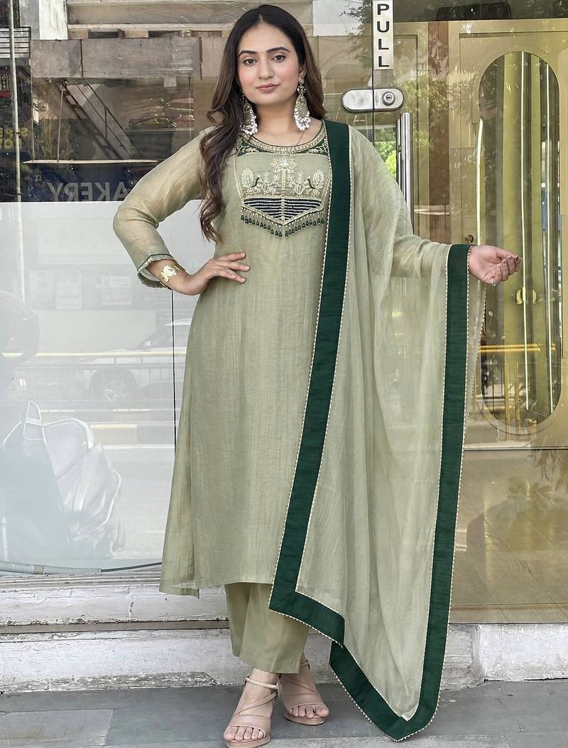 sea green color embroidery and thread work with hand stitched beads and latkan work silk blend kurti set