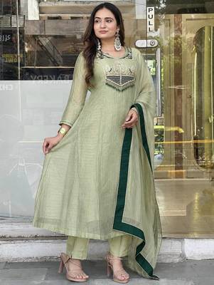 sea green color embroidery and thread work with hand stitched beads and latkan work silk blend kurti set 2