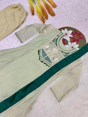 sea green color embroidery and thread work with hand stitched beads and latkan work silk blend kurti set 3