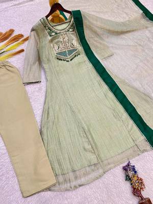 sea green color embroidery and thread work with hand stitched beads and latkan work silk blend kurti set 4