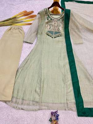 sea green color embroidery and thread work with hand stitched beads and latkan work silk blend kurti set 5