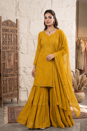 mustard color embroidery and sequince work georgette salwar suit