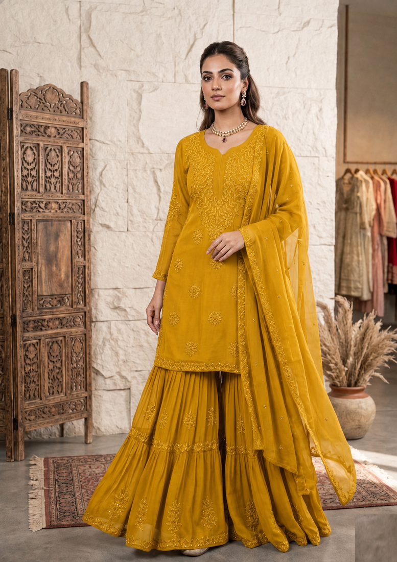 mustard color embroidery and sequince work georgette salwar suit