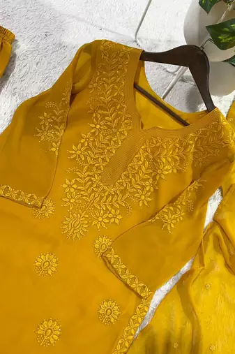 mustard color embroidery and sequince work georgette salwar suit