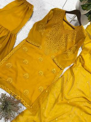 mustard color embroidery and sequince work georgette salwar suit 3