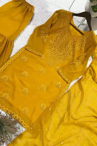 mustard color embroidery and sequince work georgette salwar suit
