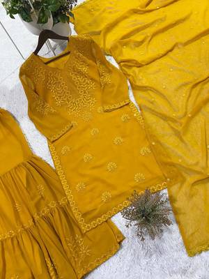 mustard color embroidery and sequince work georgette salwar suit 4