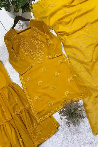 mustard color embroidery and sequince work georgette salwar suit