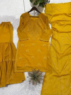 mustard color embroidery and sequince work georgette salwar suit 5