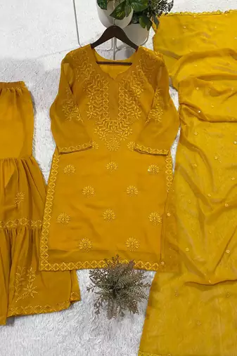 mustard color embroidery and sequince work georgette salwar suit
