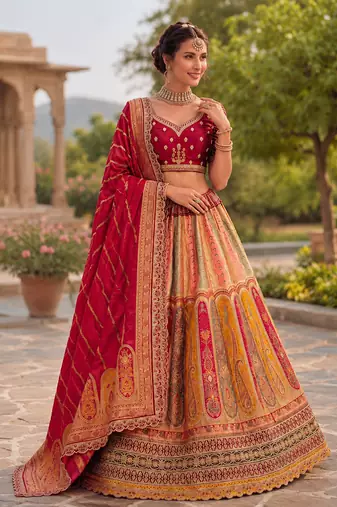 MultiColor color Zari work Handwork Crystal studded Embroidered Lace work silk blend Lehenga Choli set 