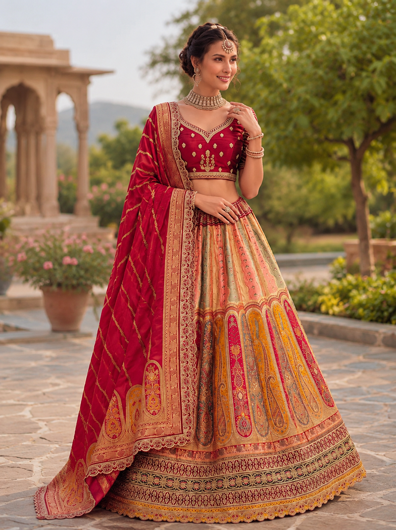 MultiColor color Zari work Handwork Crystal studded Embroidered Lace work silk blend Lehenga Choli set 