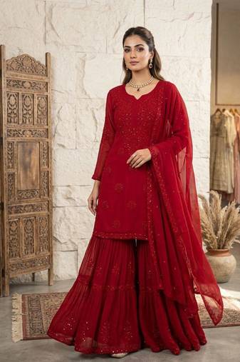 red color embroidery and sequince work georgette salwar suit