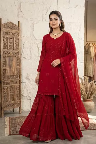 red color embroidery and sequince work georgette salwar suit