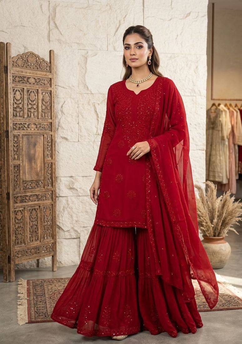 red color embroidery and sequince work georgette salwar suit