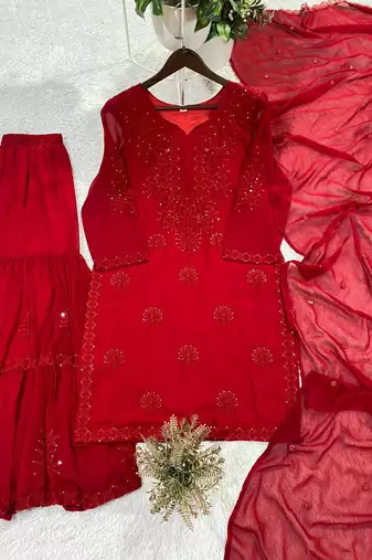 red color embroidery and sequince work georgette salwar suit