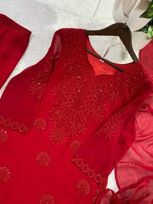 red color embroidery and sequince work georgette salwar suit 3