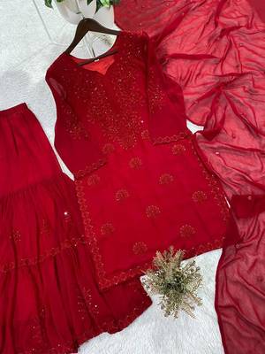 red color embroidery and sequince work georgette salwar suit 4