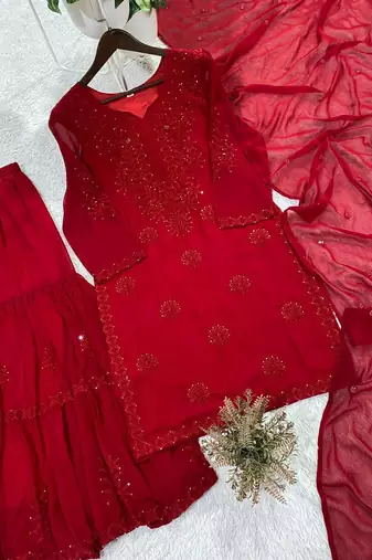 red color embroidery and sequince work georgette salwar suit