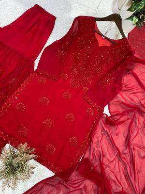 red color embroidery and sequince work georgette salwar suit 5