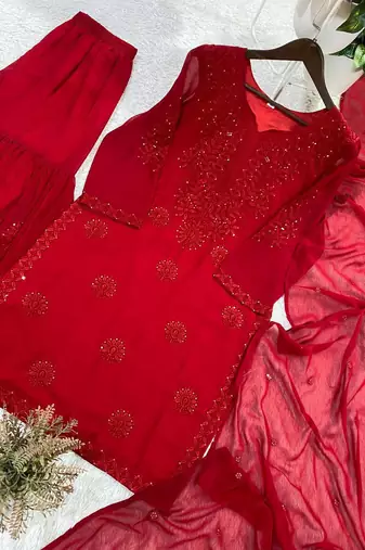 red color embroidery and sequince work georgette salwar suit