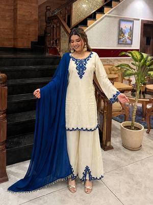 white color embroidery thread work silk blend kurti palazzo set 1