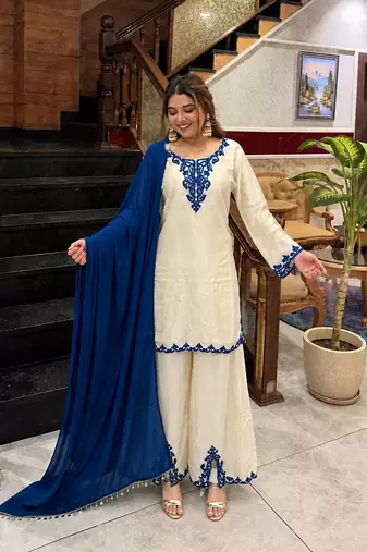 white color embroidery thread work silk blend kurti palazzo set