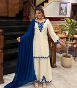 white color embroidery thread work silk blend kurti palazzo set