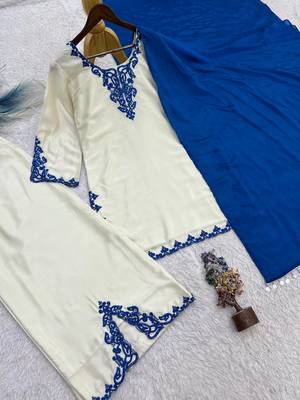 white color embroidery thread work silk blend kurti palazzo set 2