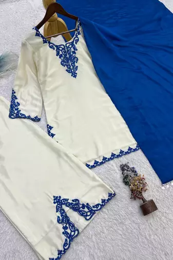 white color embroidery thread work silk blend kurti palazzo set