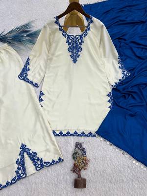 white color embroidery thread work silk blend kurti palazzo set 3