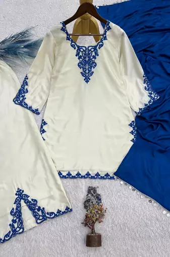 white color embroidery thread work silk blend kurti palazzo set