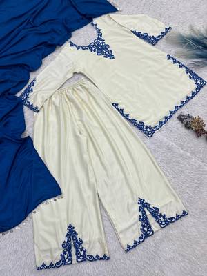 white color embroidery thread work silk blend kurti palazzo set 4