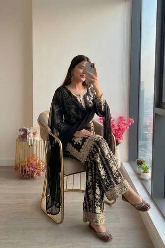 Black Color Embroidery And Sequence Work Georgette Salwar Suit