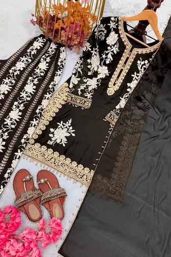 Black Color Embroidery And Sequence Work Georgette Salwar Suit