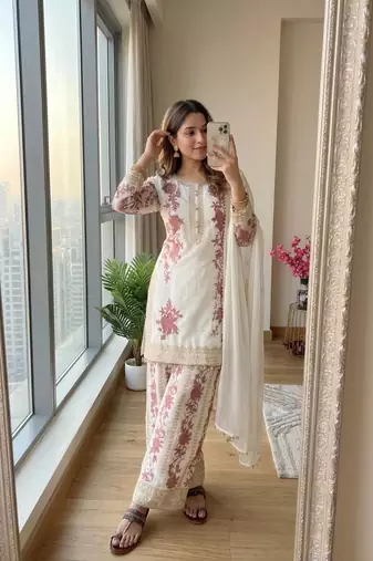 White Color Embroidery And Sequence Work Georgette Salwar Suit
