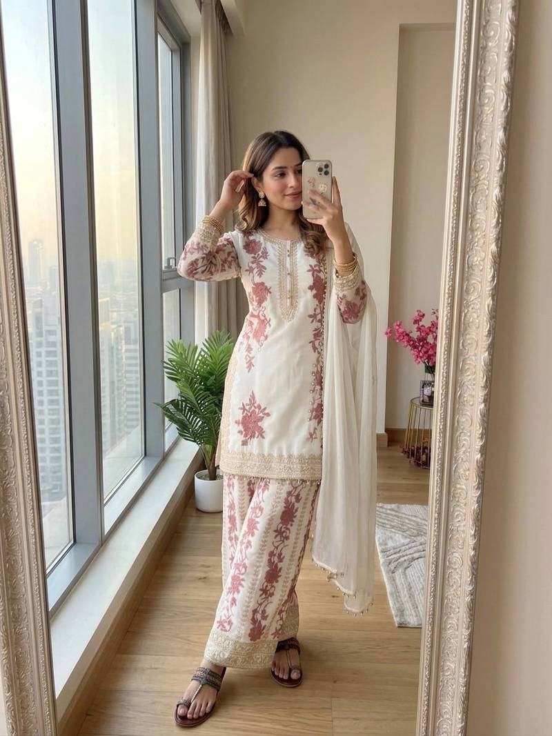 White Color Embroidery And Sequence Work Georgette Salwar Suit