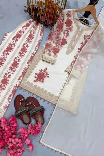 White Color Embroidery And Sequence Work Georgette Salwar Suit