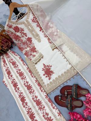 White Color Embroidery And Sequence Work Georgette Salwar Suit 4