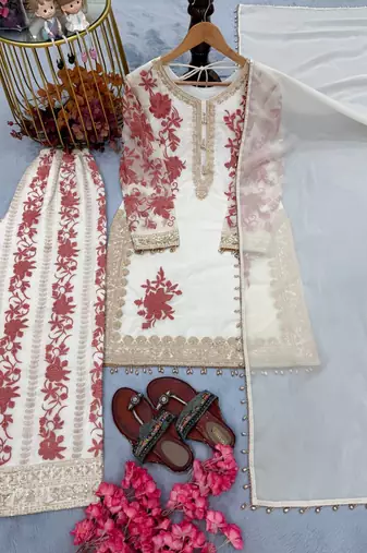 White Color Embroidery And Sequence Work Georgette Salwar Suit