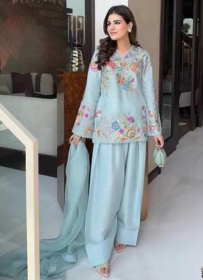 sky blue color sequnce and embroidery work silk blend salwar suit 1