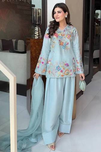 sky blue color sequnce and embroidery work silk blend salwar suit